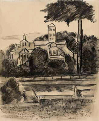 Monochromatic sketch of a building on a hill surrounded by trees and foliage.