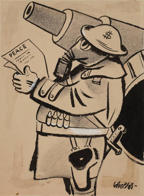 Figure in military gear with a gas mask and a dollar sign on their hat holding a paper labeled …