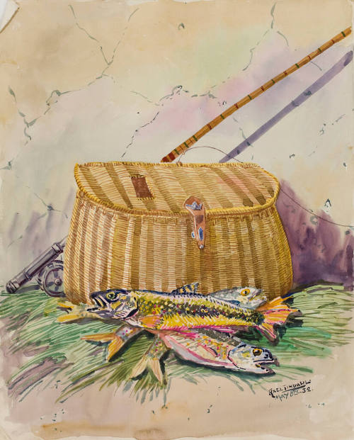 Untitled (Fishing basket, rod and fish)