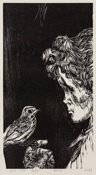 A monochrome print of a boy looking at a bird perched on his hand